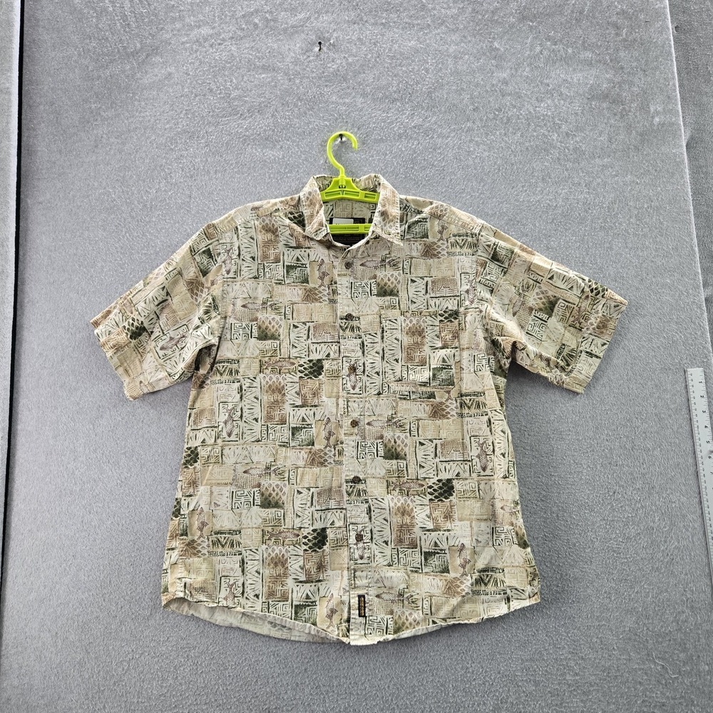 Woolrich Men Button Up Shirt LARGE Beige Geometric Short Sleeve